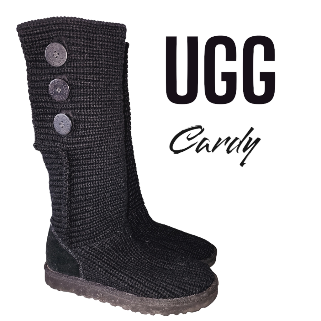 Ugg Australia Cardy Tall Black Knit Big Logo Buttons Detail Outdoor Boho Boots 7